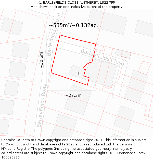 1, BARLEYFIELDS CLOSE, WETHERBY, LS22 7FP: Plot and title map
