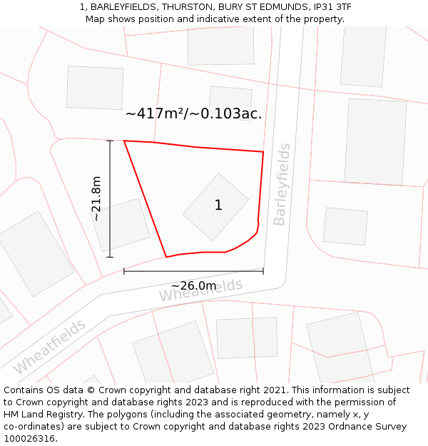 1, BARLEYFIELDS, THURSTON, BURY ST EDMUNDS, IP31 3TF: Plot and title map