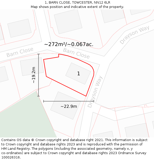 1, BARN CLOSE, TOWCESTER, NN12 6LR: Plot and title map