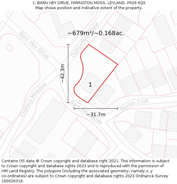 1, BARN HEY DRIVE, FARINGTON MOSS, LEYLAND, PR26 6QX: Plot and title map
