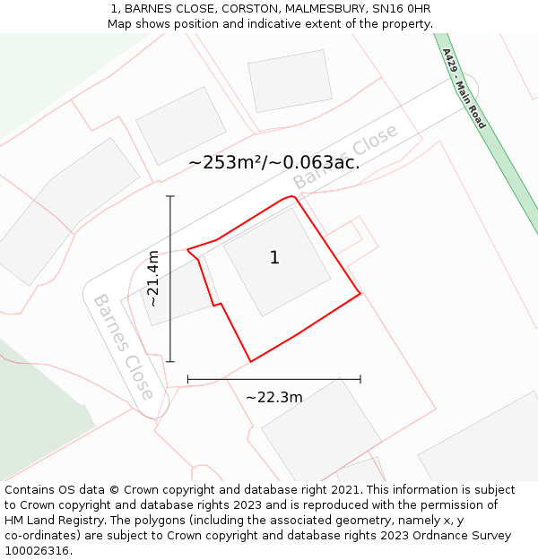 1, BARNES CLOSE, CORSTON, MALMESBURY, SN16 0HR: Plot and title map