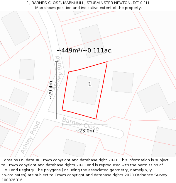1, BARNES CLOSE, MARNHULL, STURMINSTER NEWTON, DT10 1LL: Plot and title map