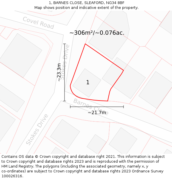 1, BARNES CLOSE, SLEAFORD, NG34 8BF: Plot and title map