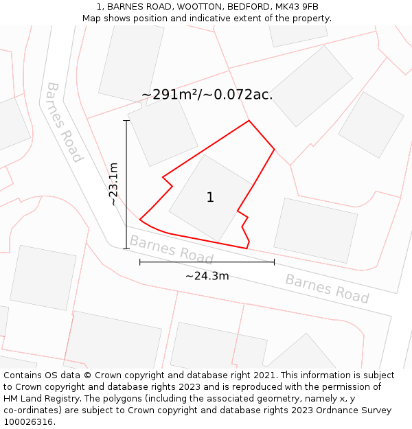 1, BARNES ROAD, WOOTTON, BEDFORD, MK43 9FB: Plot and title map