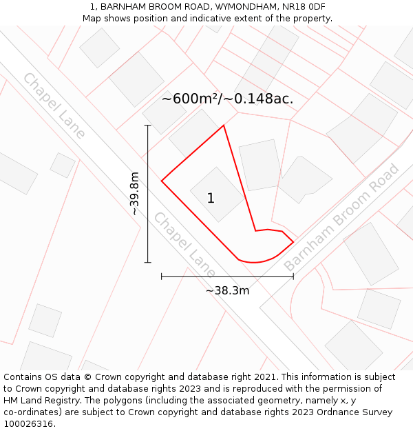 1, BARNHAM BROOM ROAD, WYMONDHAM, NR18 0DF: Plot and title map