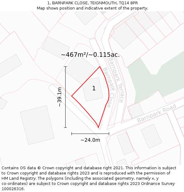 1, BARNPARK CLOSE, TEIGNMOUTH, TQ14 8PR: Plot and title map