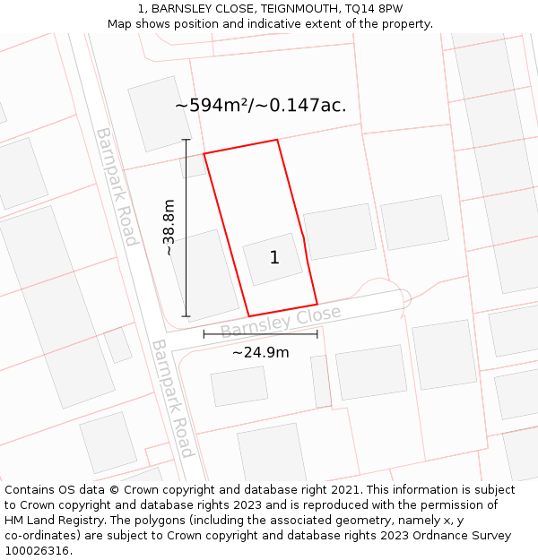 1, BARNSLEY CLOSE, TEIGNMOUTH, TQ14 8PW: Plot and title map