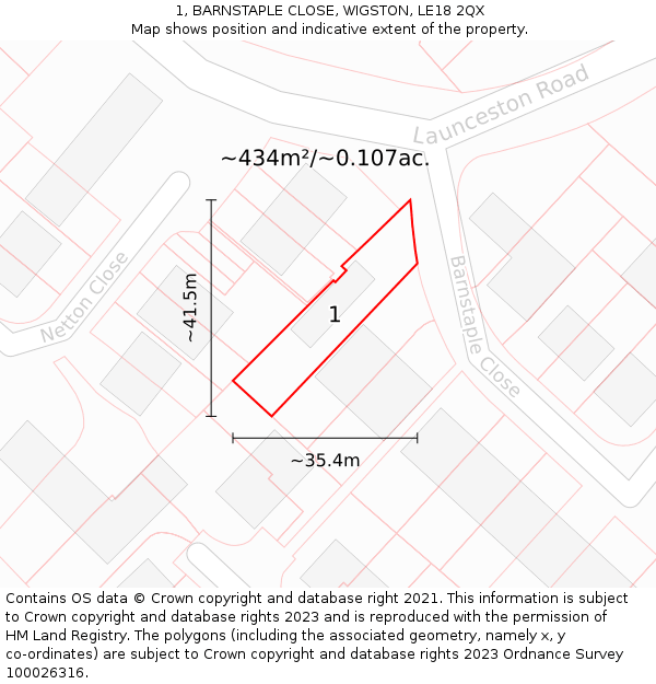 1, BARNSTAPLE CLOSE, WIGSTON, LE18 2QX: Plot and title map