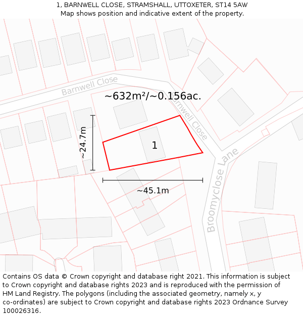 1, BARNWELL CLOSE, STRAMSHALL, UTTOXETER, ST14 5AW: Plot and title map