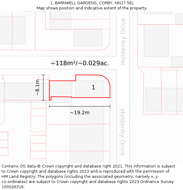 1, BARNWELL GARDENS, CORBY, NN17 5EL: Plot and title map