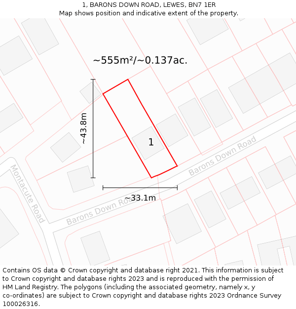 1, BARONS DOWN ROAD, LEWES, BN7 1ER: Plot and title map