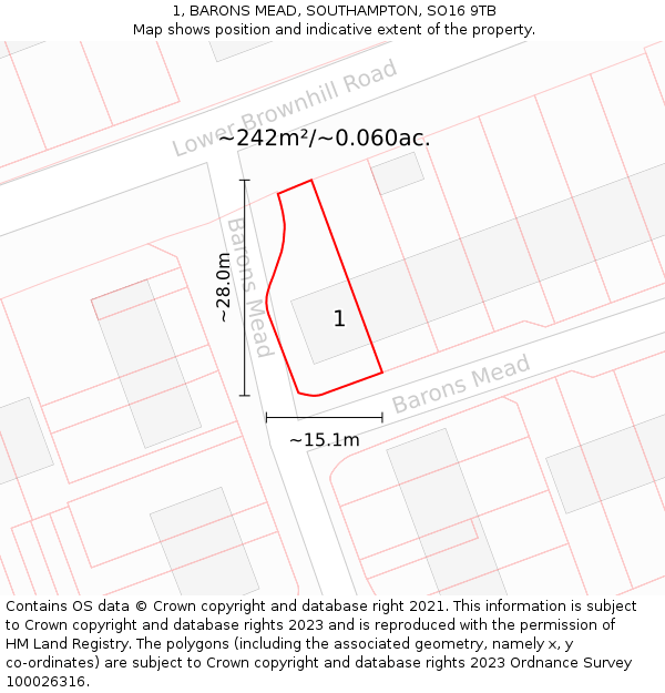 1, BARONS MEAD, SOUTHAMPTON, SO16 9TB: Plot and title map