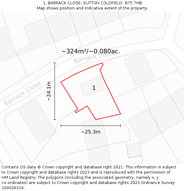 1, BARRACK CLOSE, SUTTON COLDFIELD, B75 7HB: Plot and title map