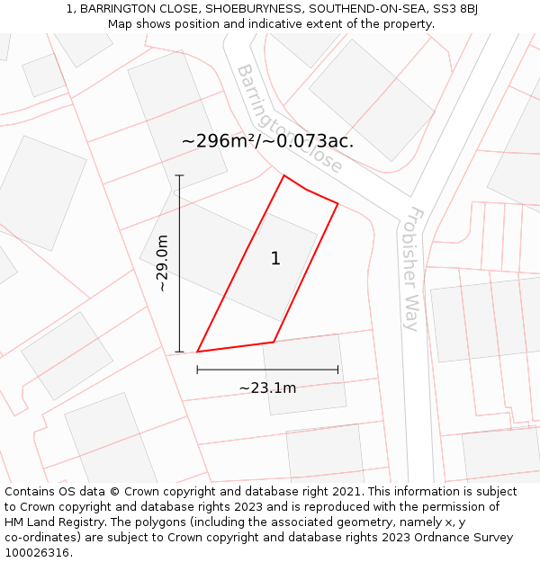 1, BARRINGTON CLOSE, SHOEBURYNESS, SOUTHEND-ON-SEA, SS3 8BJ: Plot and title map