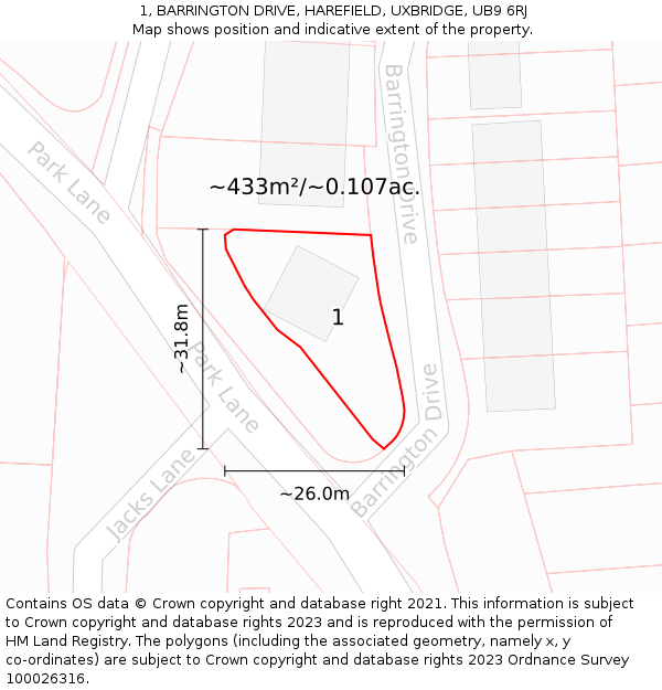 1, BARRINGTON DRIVE, HAREFIELD, UXBRIDGE, UB9 6RJ: Plot and title map