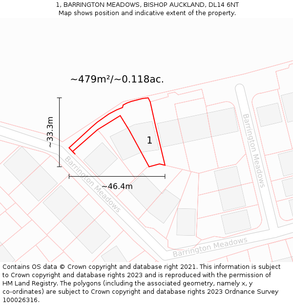 1, BARRINGTON MEADOWS, BISHOP AUCKLAND, DL14 6NT: Plot and title map
