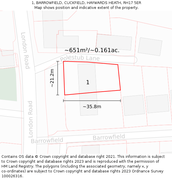 1, BARROWFIELD, CUCKFIELD, HAYWARDS HEATH, RH17 5ER: Plot and title map