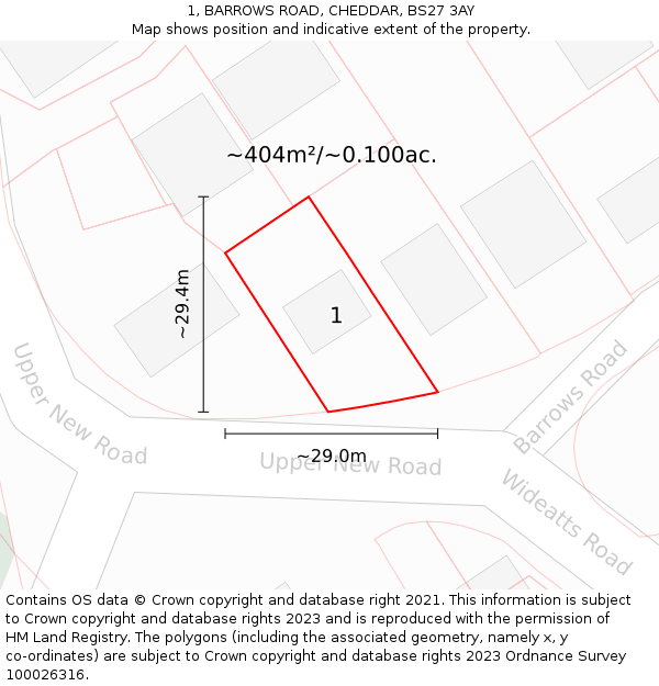 1, BARROWS ROAD, CHEDDAR, BS27 3AY: Plot and title map