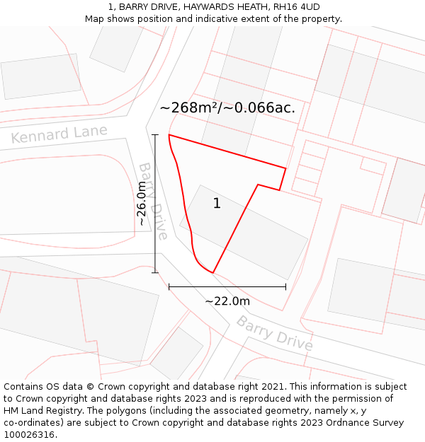 1, BARRY DRIVE, HAYWARDS HEATH, RH16 4UD: Plot and title map