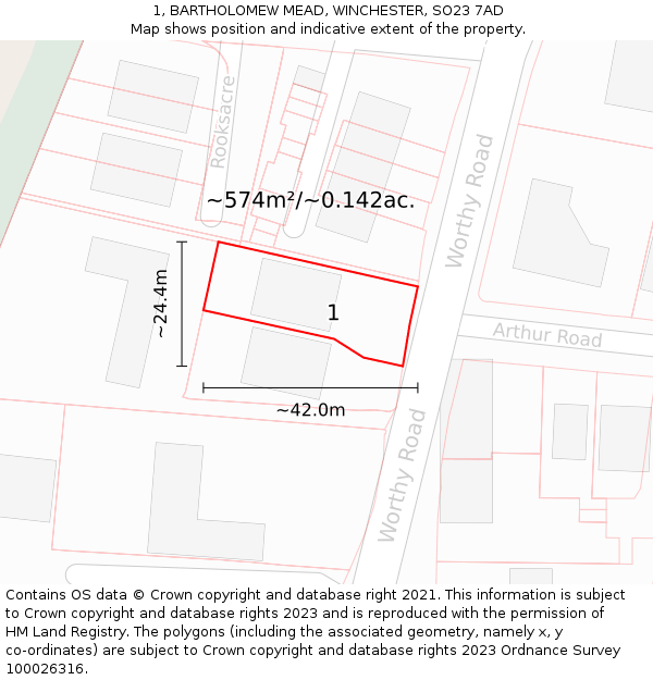 1, BARTHOLOMEW MEAD, WINCHESTER, SO23 7AD: Plot and title map