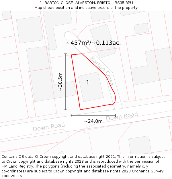 1, BARTON CLOSE, ALVESTON, BRISTOL, BS35 3PU: Plot and title map