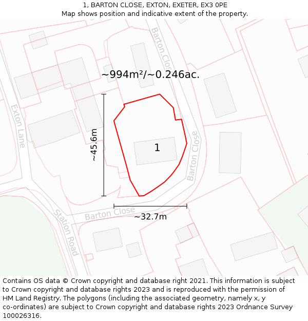 1, BARTON CLOSE, EXTON, EXETER, EX3 0PE: Plot and title map