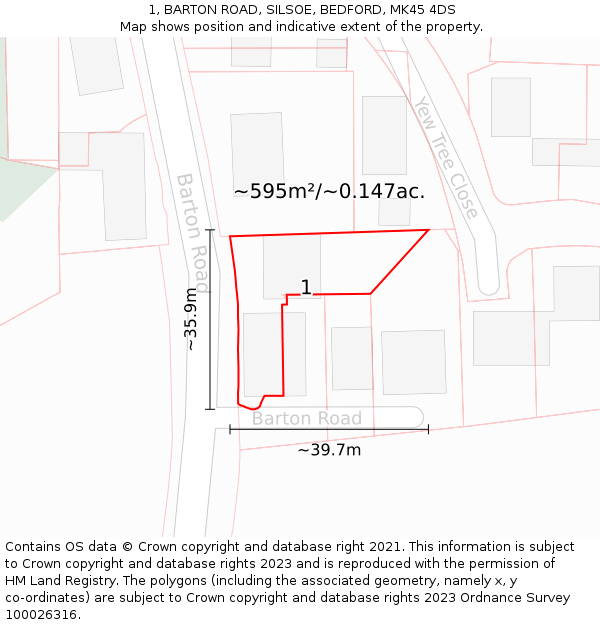 1, BARTON ROAD, SILSOE, BEDFORD, MK45 4DS: Plot and title map