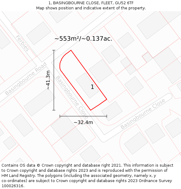 1, BASINGBOURNE CLOSE, FLEET, GU52 6TF: Plot and title map