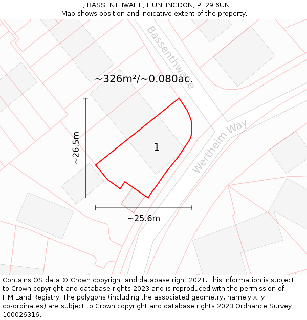 1, BASSENTHWAITE, HUNTINGDON, PE29 6UN: Plot and title map