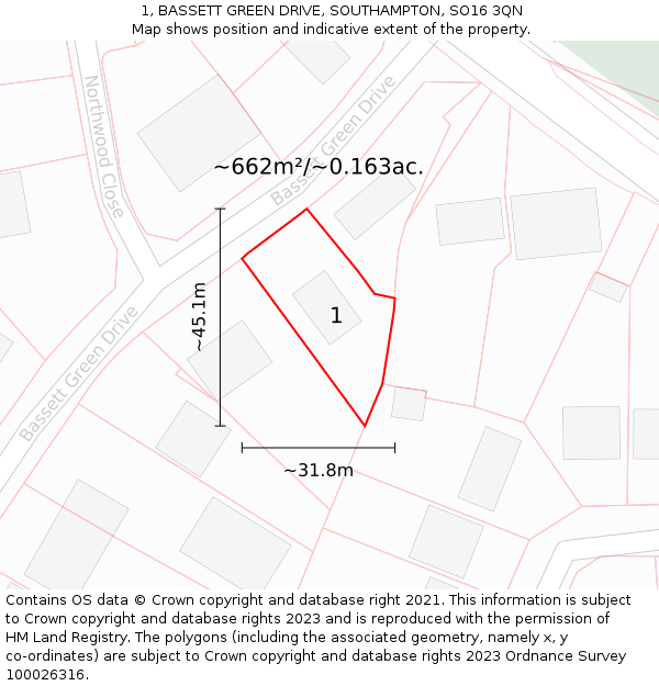1, BASSETT GREEN DRIVE, SOUTHAMPTON, SO16 3QN: Plot and title map
