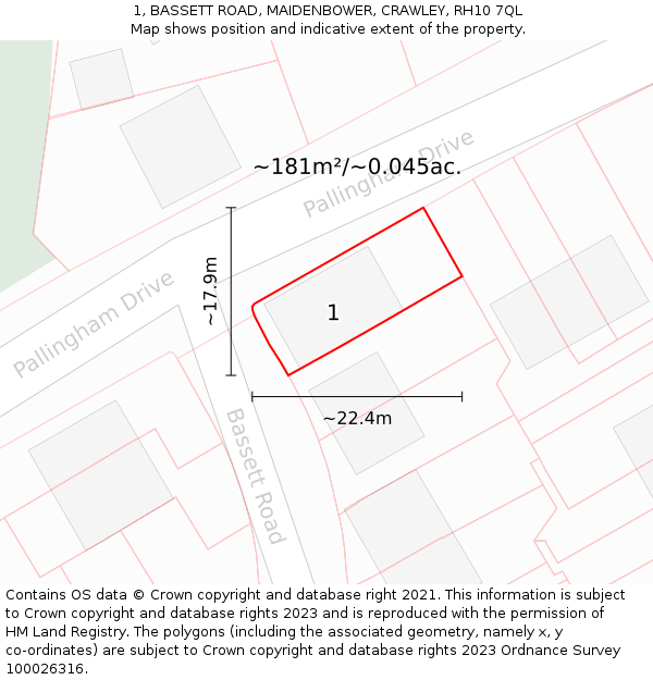 1, BASSETT ROAD, MAIDENBOWER, CRAWLEY, RH10 7QL: Plot and title map