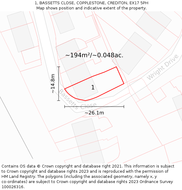 1, BASSETTS CLOSE, COPPLESTONE, CREDITON, EX17 5PH: Plot and title map