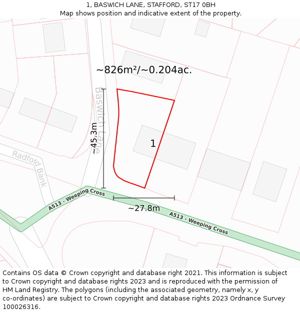 1, BASWICH LANE, STAFFORD, ST17 0BH: Plot and title map