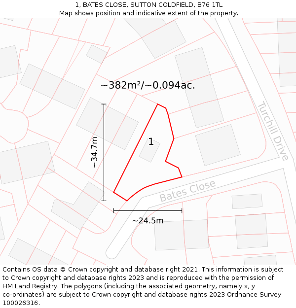 1, BATES CLOSE, SUTTON COLDFIELD, B76 1TL: Plot and title map