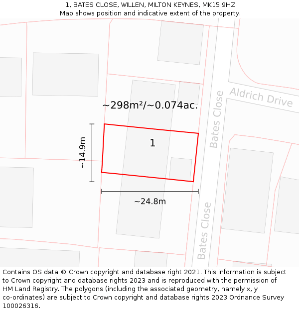 1, BATES CLOSE, WILLEN, MILTON KEYNES, MK15 9HZ: Plot and title map