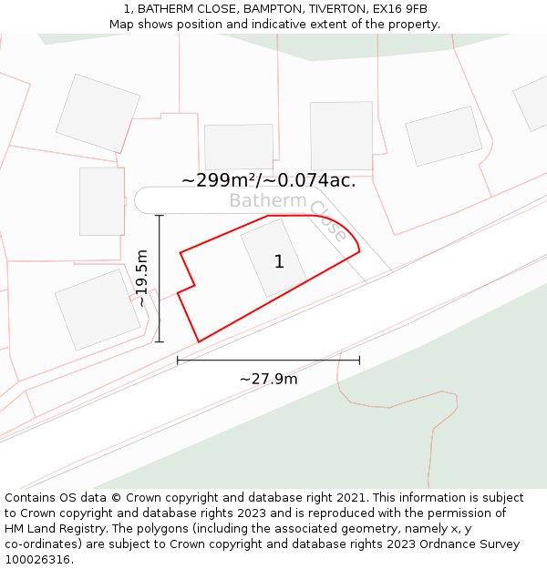 1, BATHERM CLOSE, BAMPTON, TIVERTON, EX16 9FB: Plot and title map