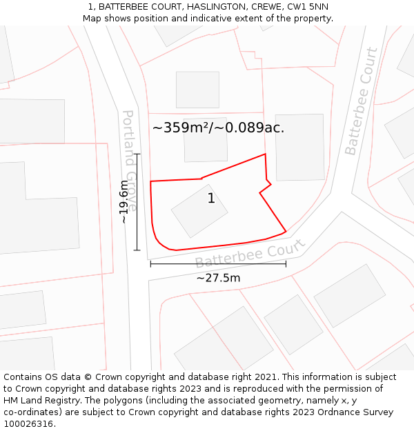1, BATTERBEE COURT, HASLINGTON, CREWE, CW1 5NN: Plot and title map