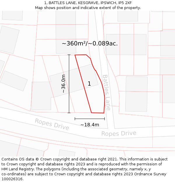 1, BATTLES LANE, KESGRAVE, IPSWICH, IP5 2XF: Plot and title map