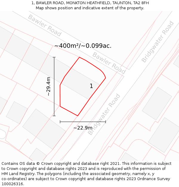 1, BAWLER ROAD, MONKTON HEATHFIELD, TAUNTON, TA2 8FH: Plot and title map