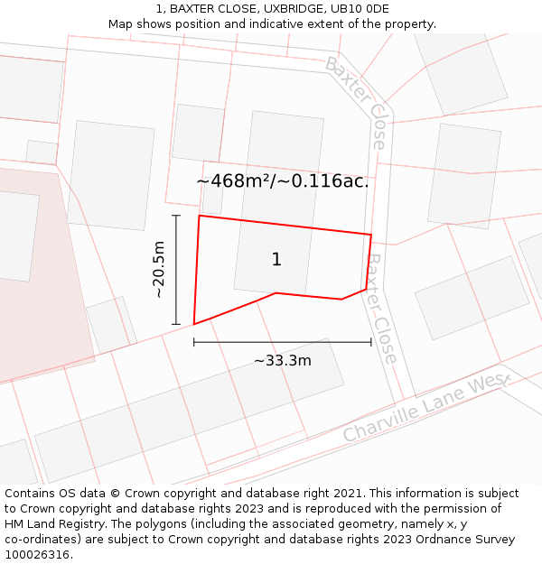 1, BAXTER CLOSE, UXBRIDGE, UB10 0DE: Plot and title map