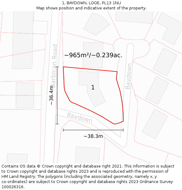1, BAYDOWN, LOOE, PL13 1NU: Plot and title map