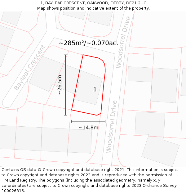 1, BAYLEAF CRESCENT, OAKWOOD, DERBY, DE21 2UG: Plot and title map