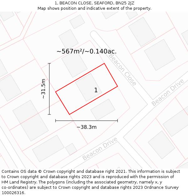 1, BEACON CLOSE, SEAFORD, BN25 2JZ: Plot and title map