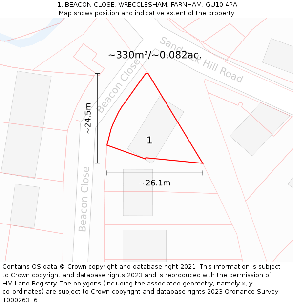 1, BEACON CLOSE, WRECCLESHAM, FARNHAM, GU10 4PA: Plot and title map