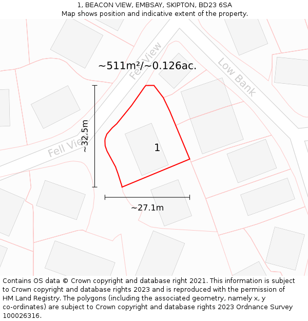 1, BEACON VIEW, EMBSAY, SKIPTON, BD23 6SA: Plot and title map