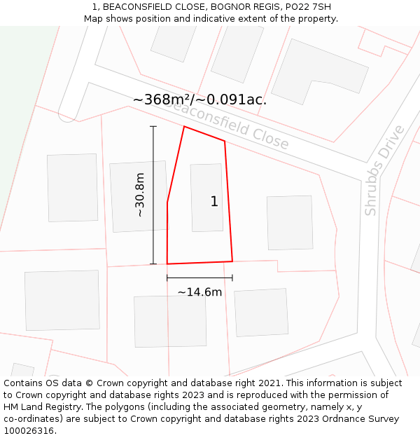 1, BEACONSFIELD CLOSE, BOGNOR REGIS, PO22 7SH: Plot and title map