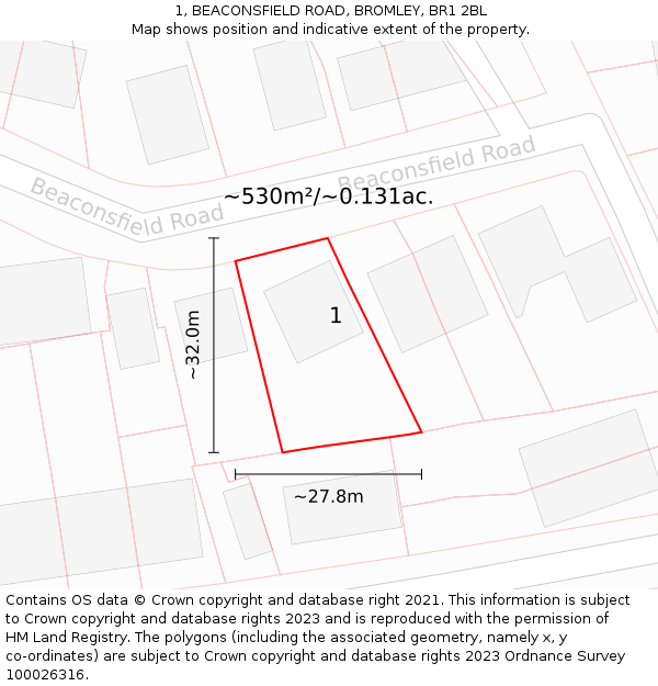 1, BEACONSFIELD ROAD, BROMLEY, BR1 2BL: Plot and title map