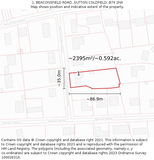 1, BEACONSFIELD ROAD, SUTTON COLDFIELD, B74 2NX: Plot and title map