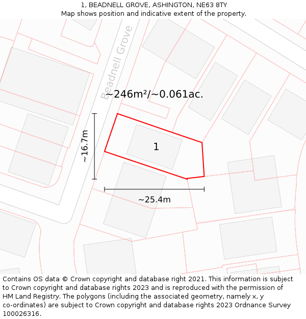 1, BEADNELL GROVE, ASHINGTON, NE63 8TY: Plot and title map