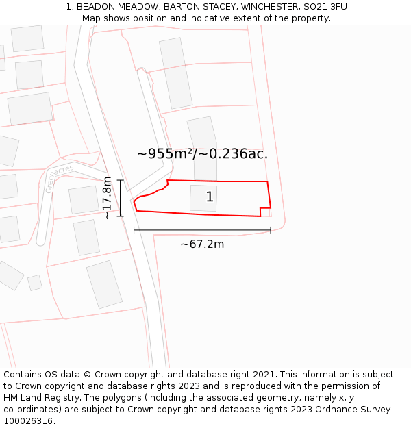 1, BEADON MEADOW, BARTON STACEY, WINCHESTER, SO21 3FU: Plot and title map